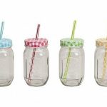 Cana retro din sticla cu pai, tip borcan, 450 ml, Gonga®, culoaremodel Albastru