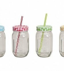 Cana retro din sticla cu pai, tip borcan, 450 ml, Gonga®, culoaremodel Galben