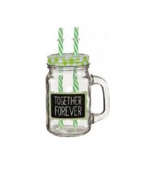 Cana retro din sticla cu pai, tip borcan, 450 ml, Gonga®, culoaremodel Verde
