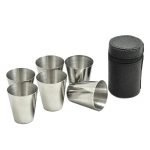 Set de 6 pahare de 30 ml, otel inoxidabil cu husa din piele ecologica, Gonga®, culoaremodel Argintiu