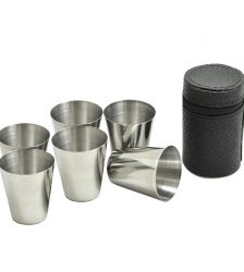 Set de 6 pahare de 30 ml, otel inoxidabil cu husa din piele ecologica, Gonga®, culoaremodel Argintiu