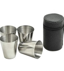 Set 4 Pahare de 30 ml, Otel Inoxidabil Cu Husa Din Piele Ecologica, Gonga®, culoaremodel Argintiu