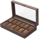Cutie tip caseta organizatoare pentru ceasuri, din lemn, 12 compartimente, Gonga®, culoaremodel Maro